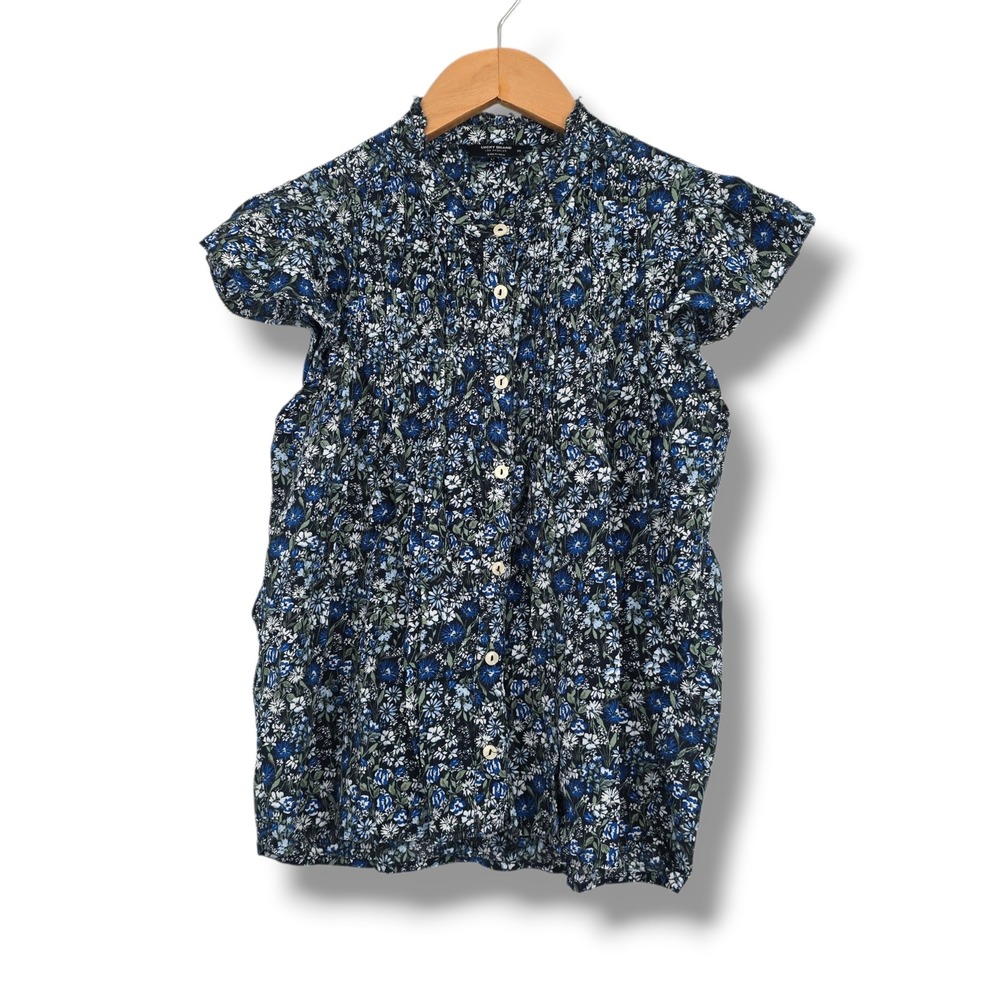 Lucky Brand Blue Floral Button Down Ruffle Neck Flutter Sleeve Blouse XS‎